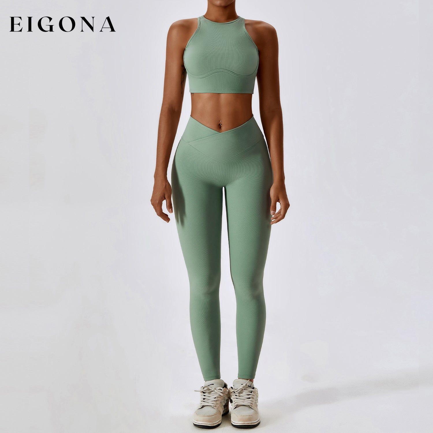 Thread Abdominal Shaping High Waist Beauty Back Yoga Suit Quick Drying Push up Hip Raise Skinny Workout Exercise Outfit -2 Bra Trousers Basil Green 2 piece activewear clothes set workout