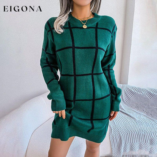 Casual Plaid Knit Dress Green best Best Sellings casual dresses clothes Sale short dresses Topseller
