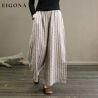 【Cotton And Linen】Casual Striped Wide Leg Trousers Beige best Best Sellings bottoms clothes Cotton And Linen pants Plus Size Sale Topseller