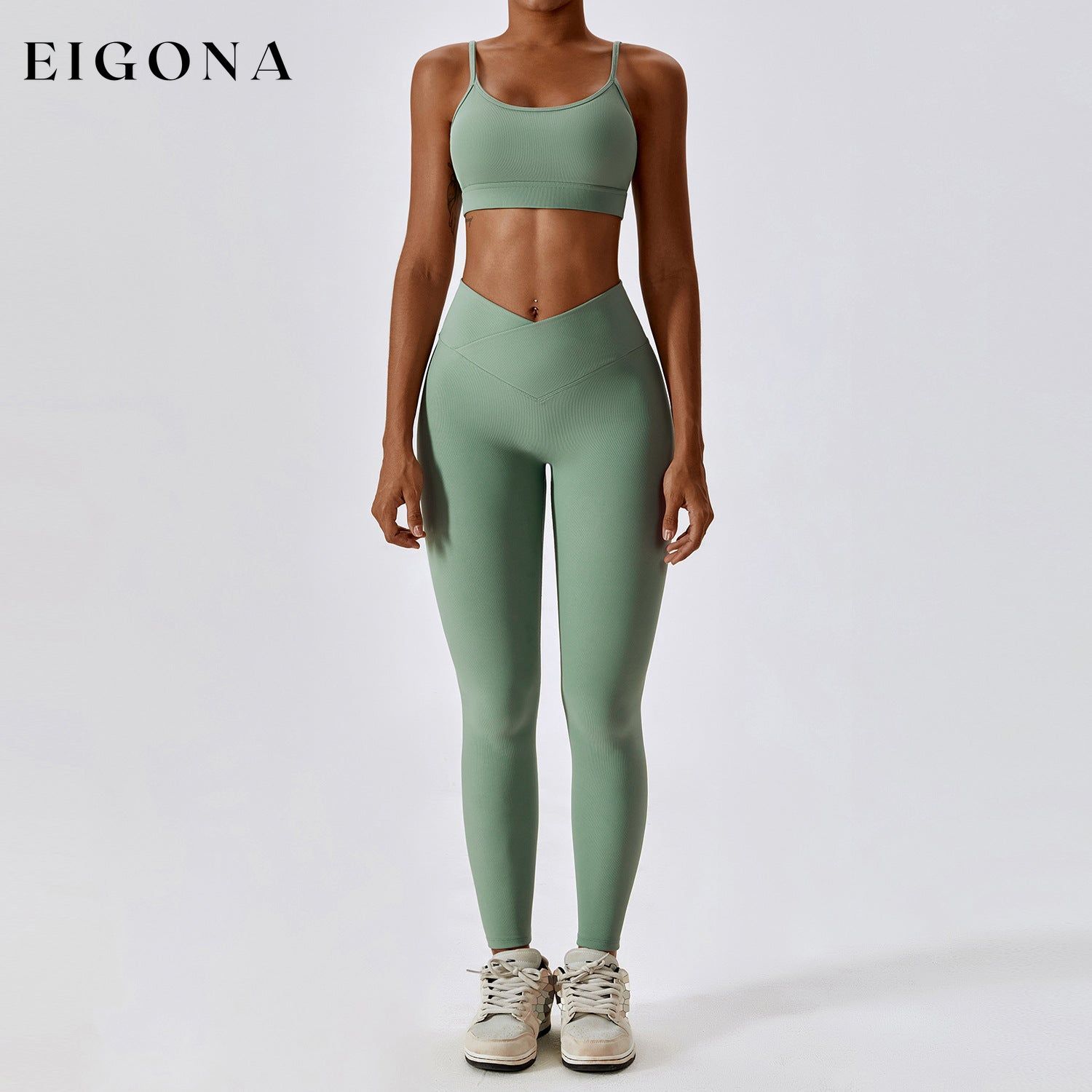 Thread Abdominal Shaping High Waist Beauty Back Yoga Suit Quick Drying Push up Hip Raise Skinny Workout Exercise Outfit -1 Bra Trousers Basil Green 2 piece activewear clothes set workout
