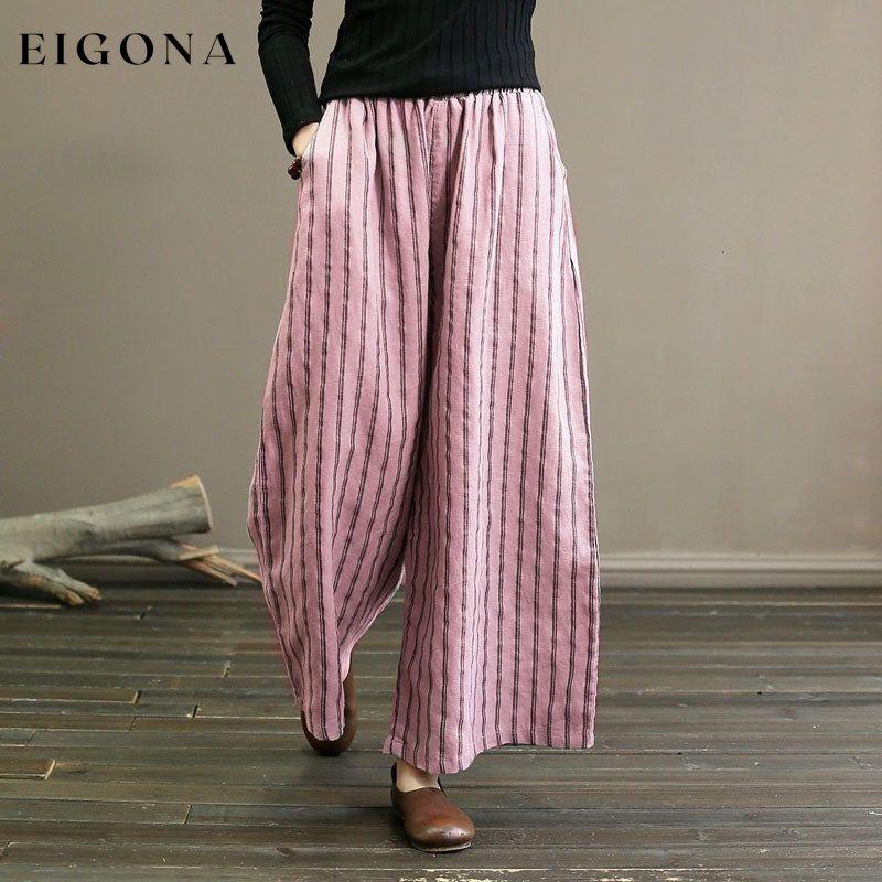 【Cotton And Linen】Casual Striped Wide Leg Trousers Pink best Best Sellings bottoms clothes Cotton And Linen pants Plus Size Sale Topseller