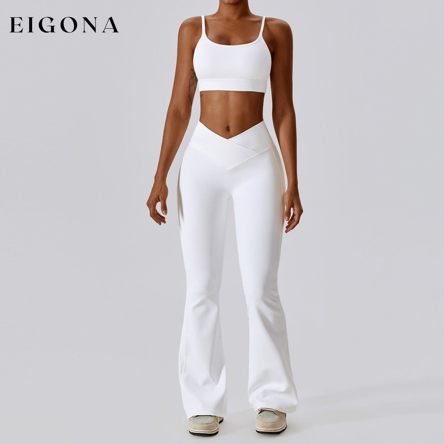 Thread Abdominal Shaping High Waist Beauty Back Yoga Suit Quick Drying Push up Hip Raise Skinny Workout Exercise Outfit -1 Bra Bell-Bottom Pants Swan White 2 piece activewear clothes set workout