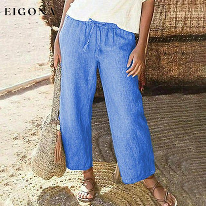 Solid Color Straight Pants Blue best Best Sellings bottoms clothes Cotton and Linen pants Sale Topseller