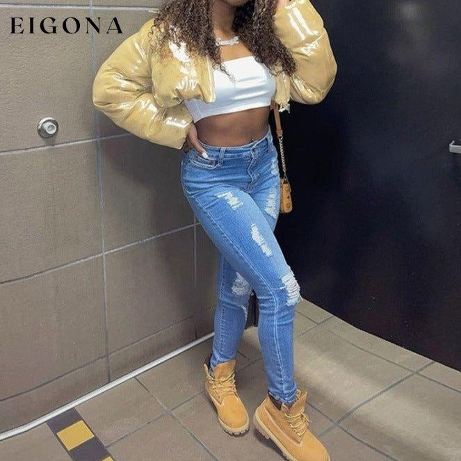 Fall Women Clothing Sexy Casual Cropped Stand Collar Loose Short Cotton Coat Jacket Women Yellow clothes coats & jackets jacket jackets & coats outerwear puffy jacket