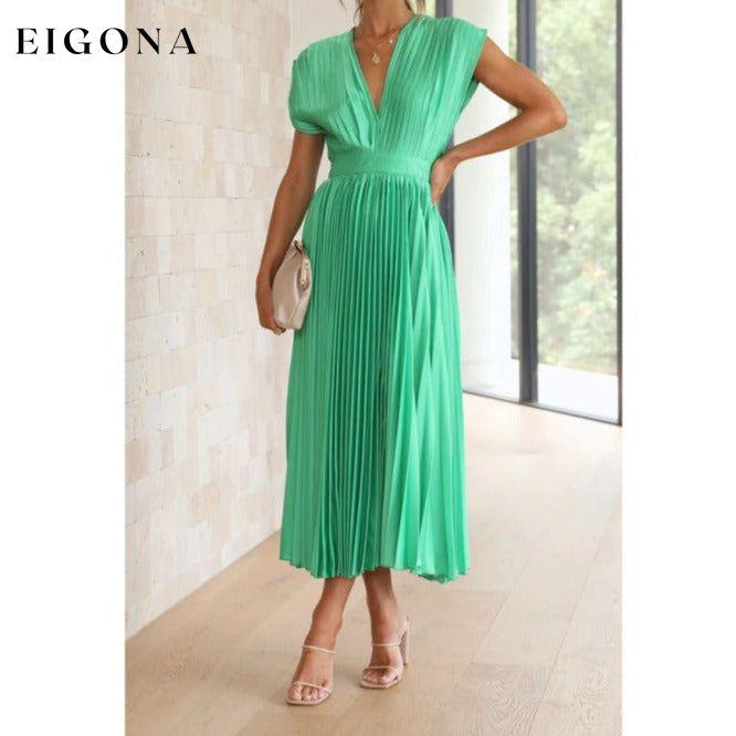 Sexy pleated casual loose zipper sleeveless casual elegant midi dress Green clothes dresses evening dress evening dresses formal dress formal dresses long dress midi dress short sleeve short sleeve dress