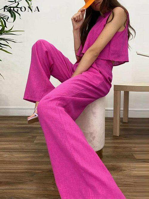 Tank Sleeveless Crop Top And Wide Leg Trouser Suits Set - Womens Clothing Rose Red bottoms clothes sets Women's Bottoms