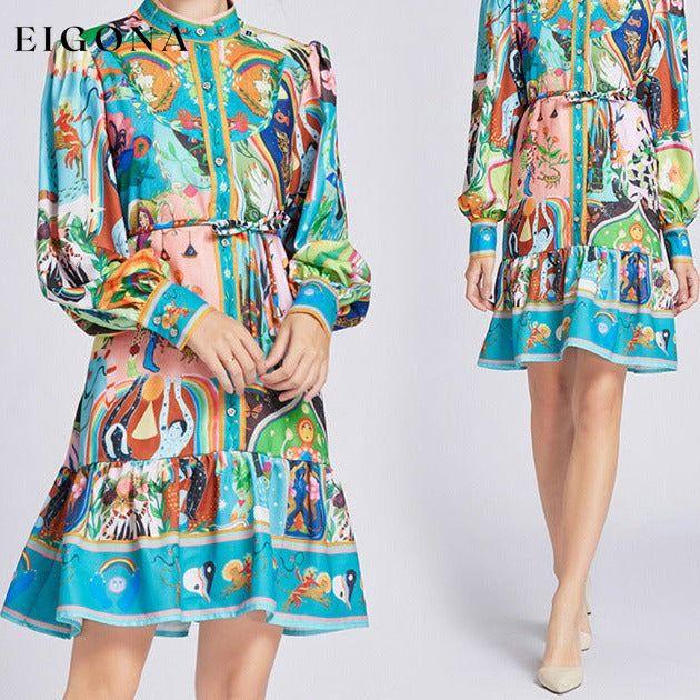 Women's Retro Long Sleeve Waist Slimming Midi Dress Blue casual dresses clothes dress dresses evening dress evening dresses formal dress formal dresses long sleeve dresses short dresses