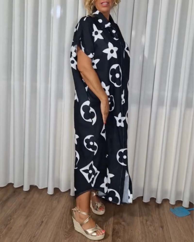 Contrast print lapel button casual dress 202466 casual dresses summer