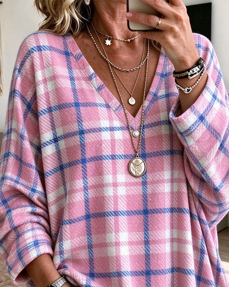 V-Neck Plaid Contrasting Loose Top