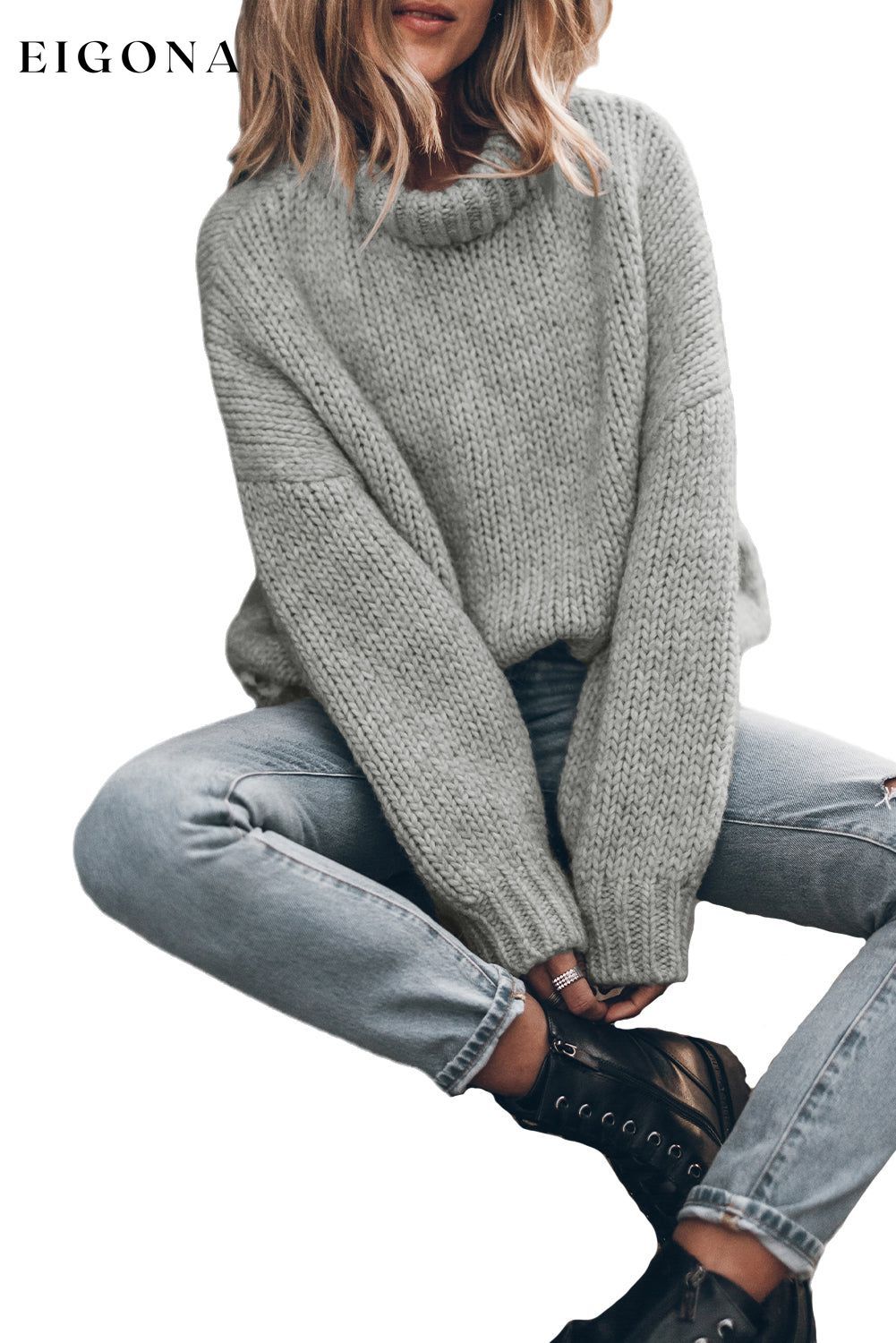 Light Grey Knit Turtle Neck Drop Shoulder Sweater All In Stock clothes EDM Monthly Recomend grey sweaters Hot picks Occasion Daily Print Solid Color Season Winter Style Casual sweater sweaters