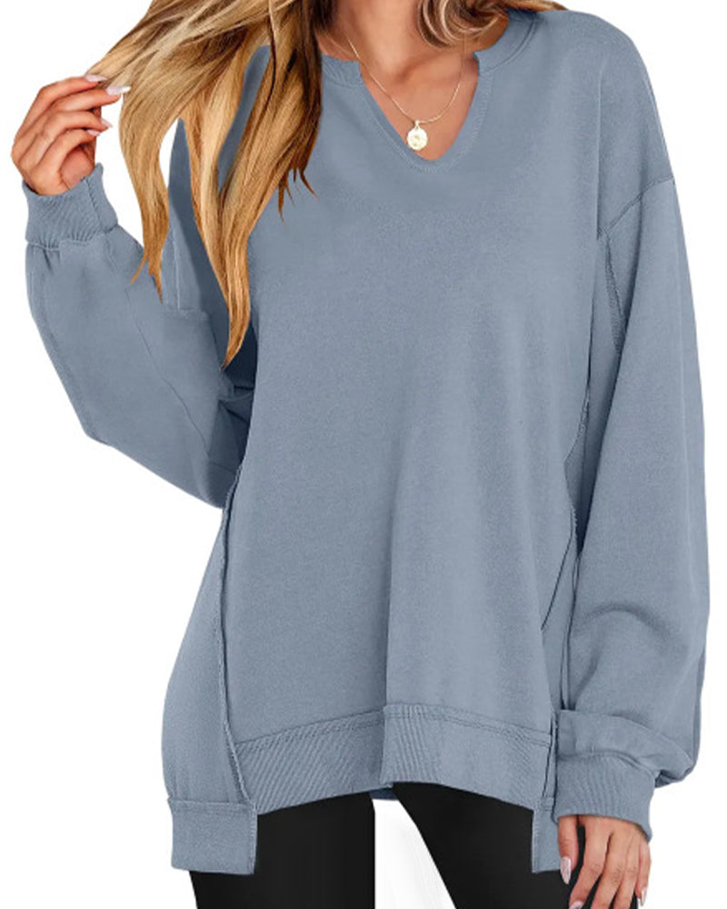 V-Neck Solid Color Loose Sweatshirt