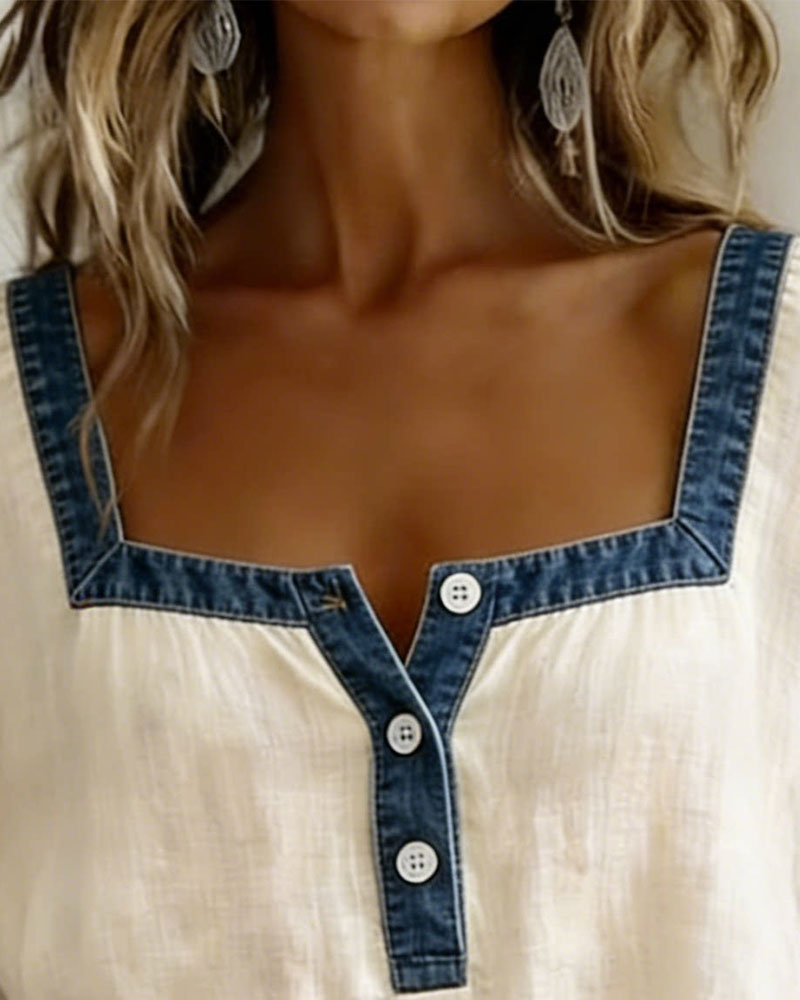 Denim-Paneled Cotton-Linen Top with Square Neckline