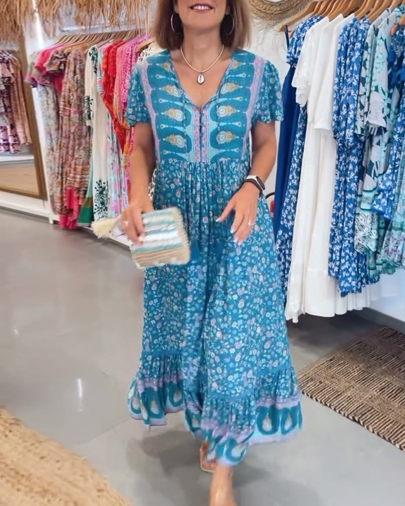 Vintage printed V-neck ruffle sleeve dress 202466 casual dresses summer