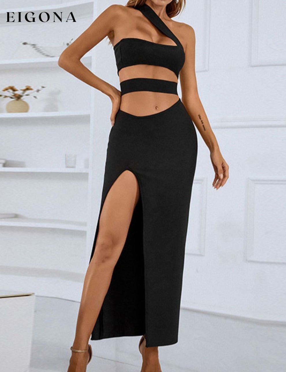 One-Shoulder Sexy Cutout Front Split Maxi Dress Black body con clothes cocktail dresses cut out dresses dress dresses evening dress evening dresses maxi dress maxi dresses midi dress midi dresses NF Ship From Overseas trend