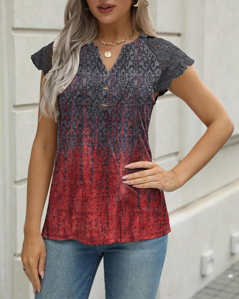 Casual Printed V-Neck Short Sleeve Blouse
