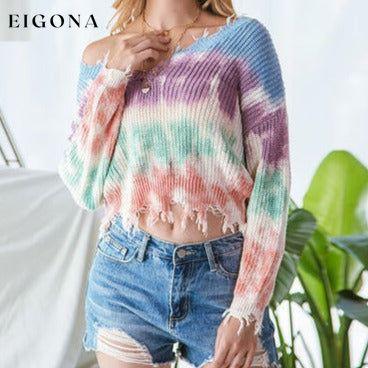 Tie-Dye V-Neck Frayed Hem Sweater clothes long sleeve shirt long sleeve shirts long sleeve top long sleeve tops Romantichut Ship From Overseas shirt shirts top tops
