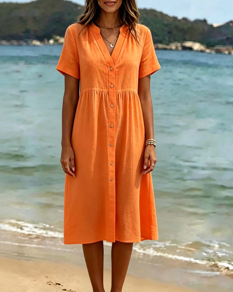 V-Neck Button-Down Resort Style Dress