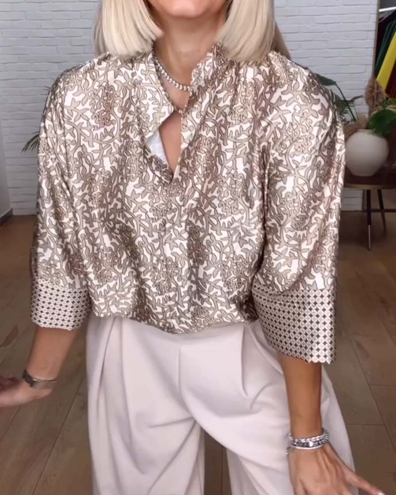 Stand-Collar Printed Satin Blouse
