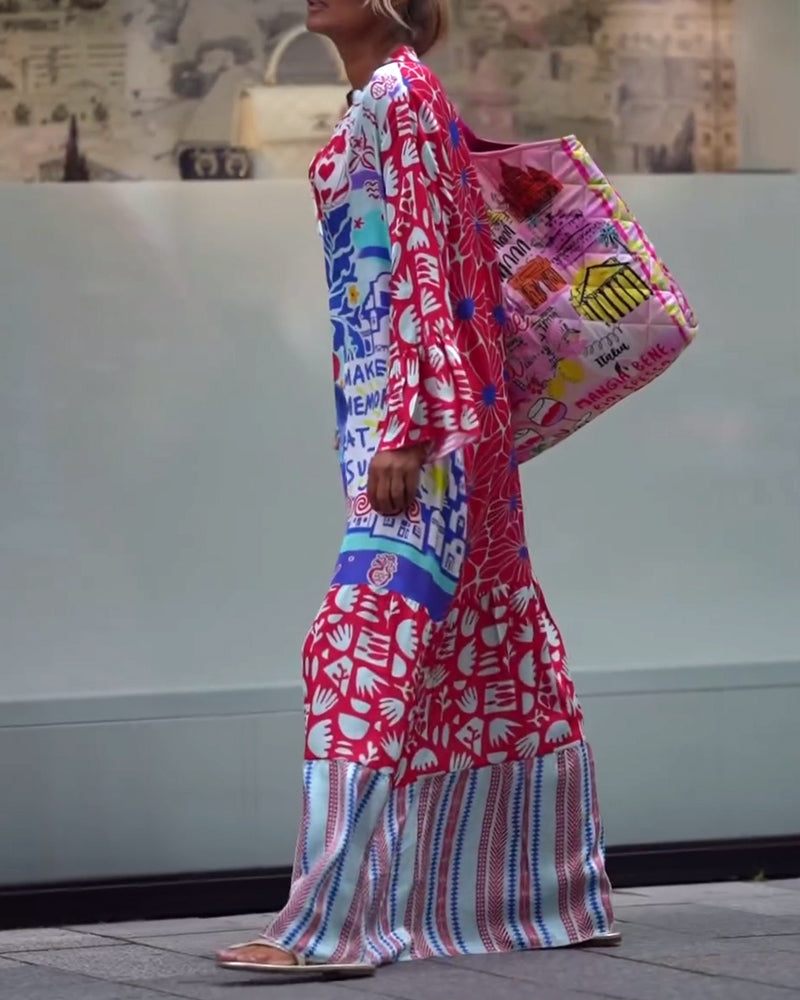 Spliced printed deep v pocket casual long dress 202466 casual dresses spring summer