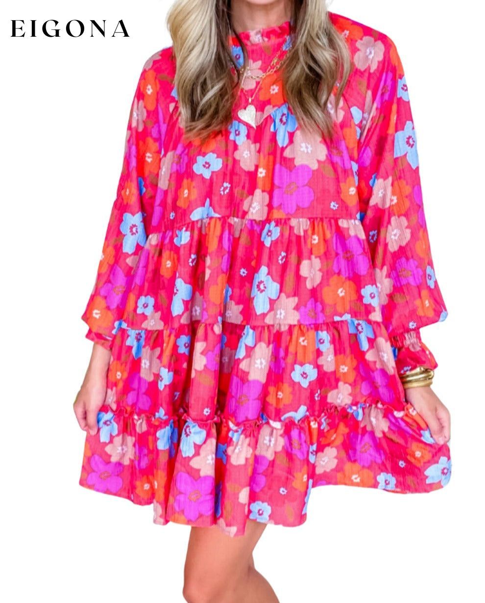Multicolour Floral Bubble Sleeve Tiered Babydoll Dress All In Stock casual dresses clothes Color Pink dress dresses long sleeve dress long sleeve dresses Occasion Daily Print Floral Season Spring short dresses Silhouette A-Line Style Southern Belle