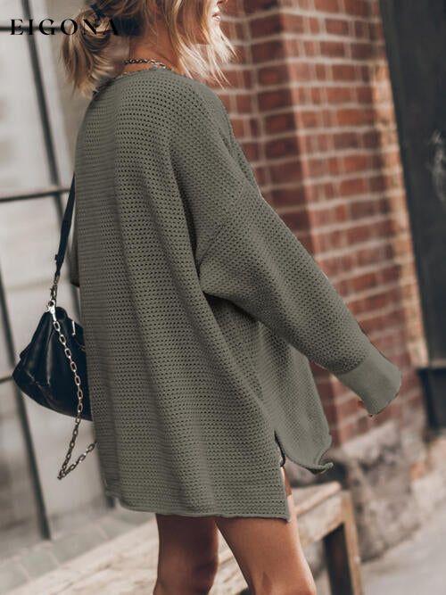 Openwork Round Neck Long Sleeve Slit Oversized Fashion Sweater A@Y@M clothes Ship From Overseas sweater sweaters Sweatshirt