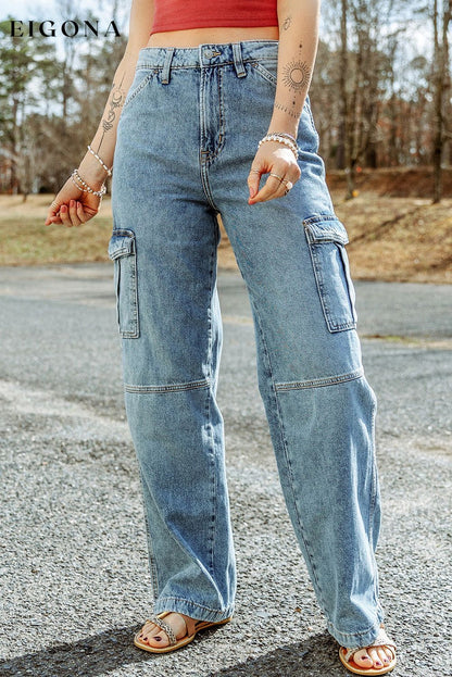 Sky Blue Cool Cargo Style Wide Leg Jeans All In Stock bottoms cargo pants clothes Color Blue DL Chic DL Exclusive Fabric Denim Jeans Occasion Daily pants Season Spring Silhouette Wide Leg Style Casual