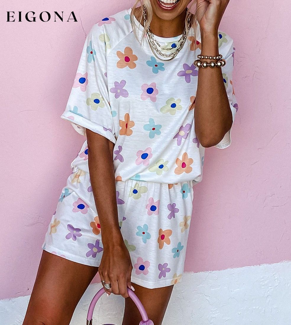 White Flower Print Short Sleeve High Waist Two Piece Shorts Set 2 pieces All In Stock clothes lounge wear loungewear Occasion Home Print Floral Print Vintage Floral Season Summer set short set Style Casual