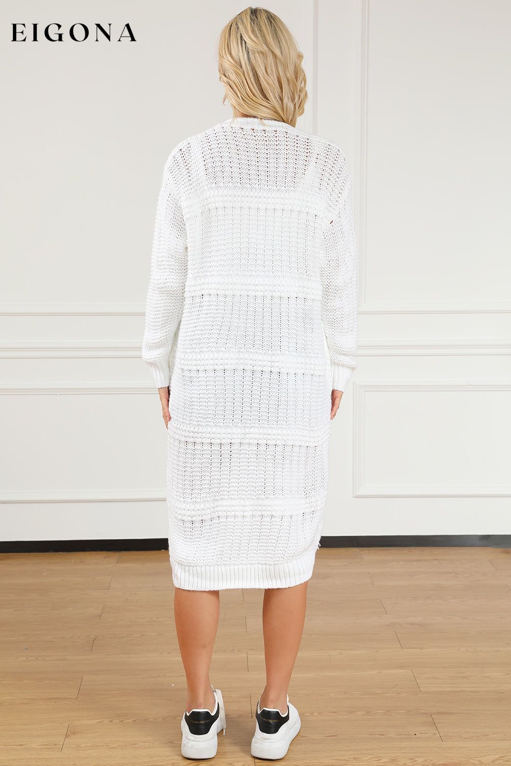 White Fringed Open Front Pocketed Long Cardigan All In Stock Category duster cardigan clothes Craft Distressed Occasion Daily Print Solid Color Season Fall & Autumn Style Casual