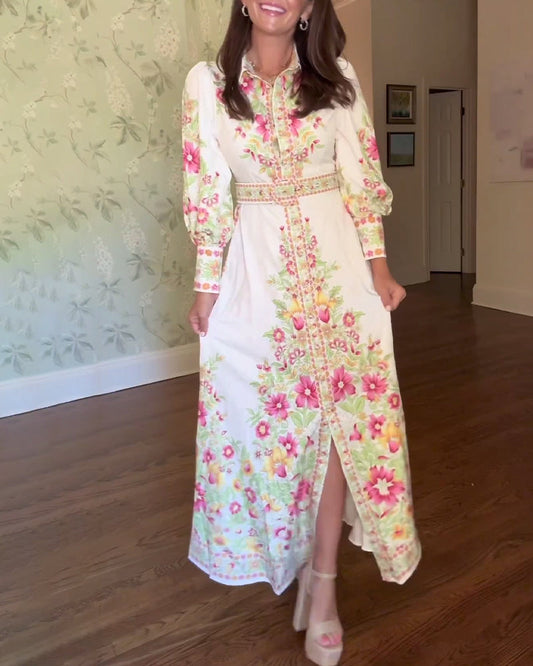 Elegant floral print lapel long sleeve maxi dress