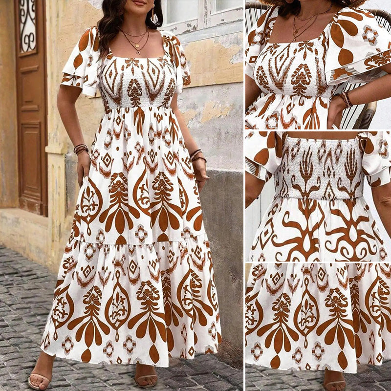 Blue Porcelain Square Neck Print Maxi Dress