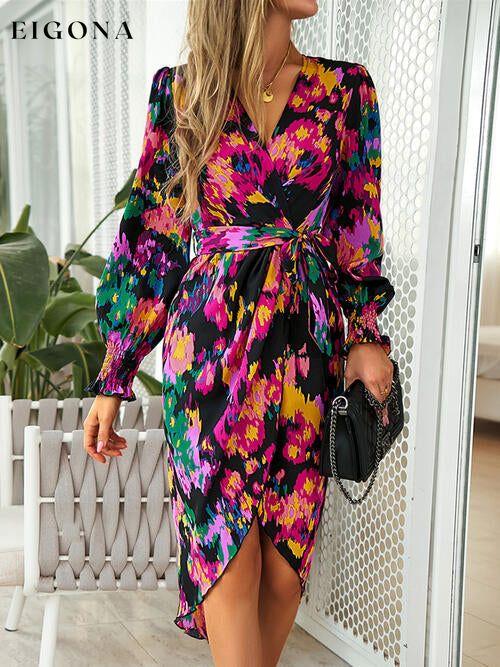 Printed Tie Front Lantern Sleeve Dress Multicolor casual dress casual dresses clothes dress dresses DY long sleeve dress long sleeve dresses long sleve dresses Ship From Overseas