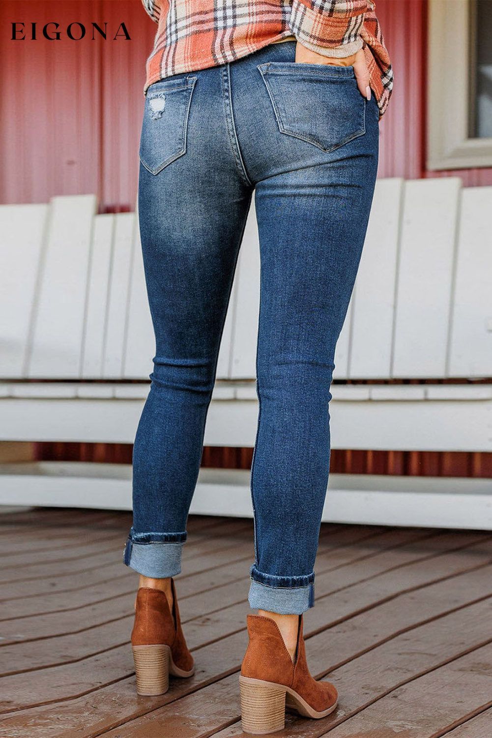 Blue Distressed Button Fly High Waist Skinny Jeans All In Stock Best Sellers bottom clothes Color Blue Craft Distressed Early Fall Collection Fabric Denim Hot picks jeans Occasion Daily pants Season Spring Style Southern Belle