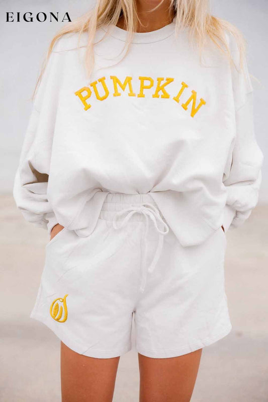 White PUMPKIN Flocking Graphic Pullover Sweatshirt and Shorts Set White 65%Polyester+35%Cotton 2 piece All In Stock clothes Day Halloween halloween Occasion Home Season Fall & Autumn set sweatshirt set