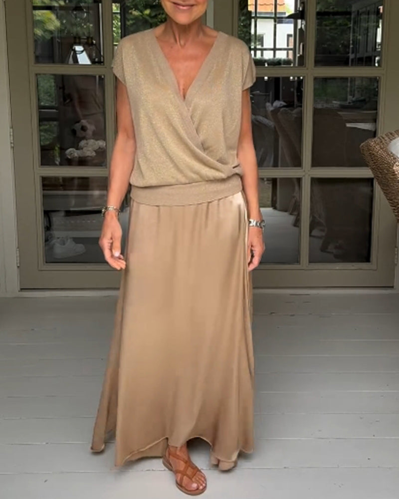 Simple solid color V-neck stitching sweater 202466 pullovers spring summer