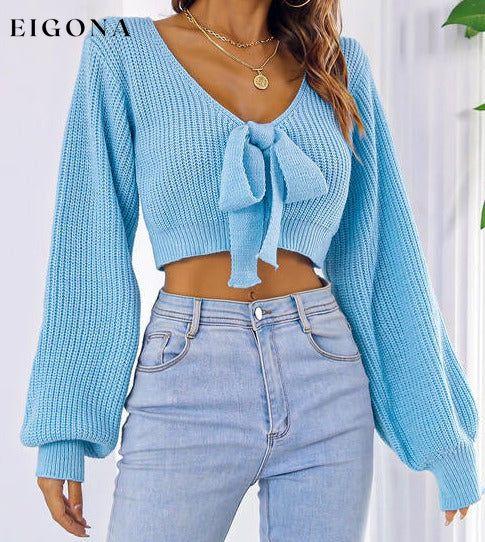 Bow V-Neck Long Sleeve Cropped Sweater Pastel Blue clothes crop top crop tops croptop long sleeve shirt long sleeve shirts long sleeve top long sleeve tops M.Y.C Ship From Overseas shirt shirts Sweater sweaters top tops