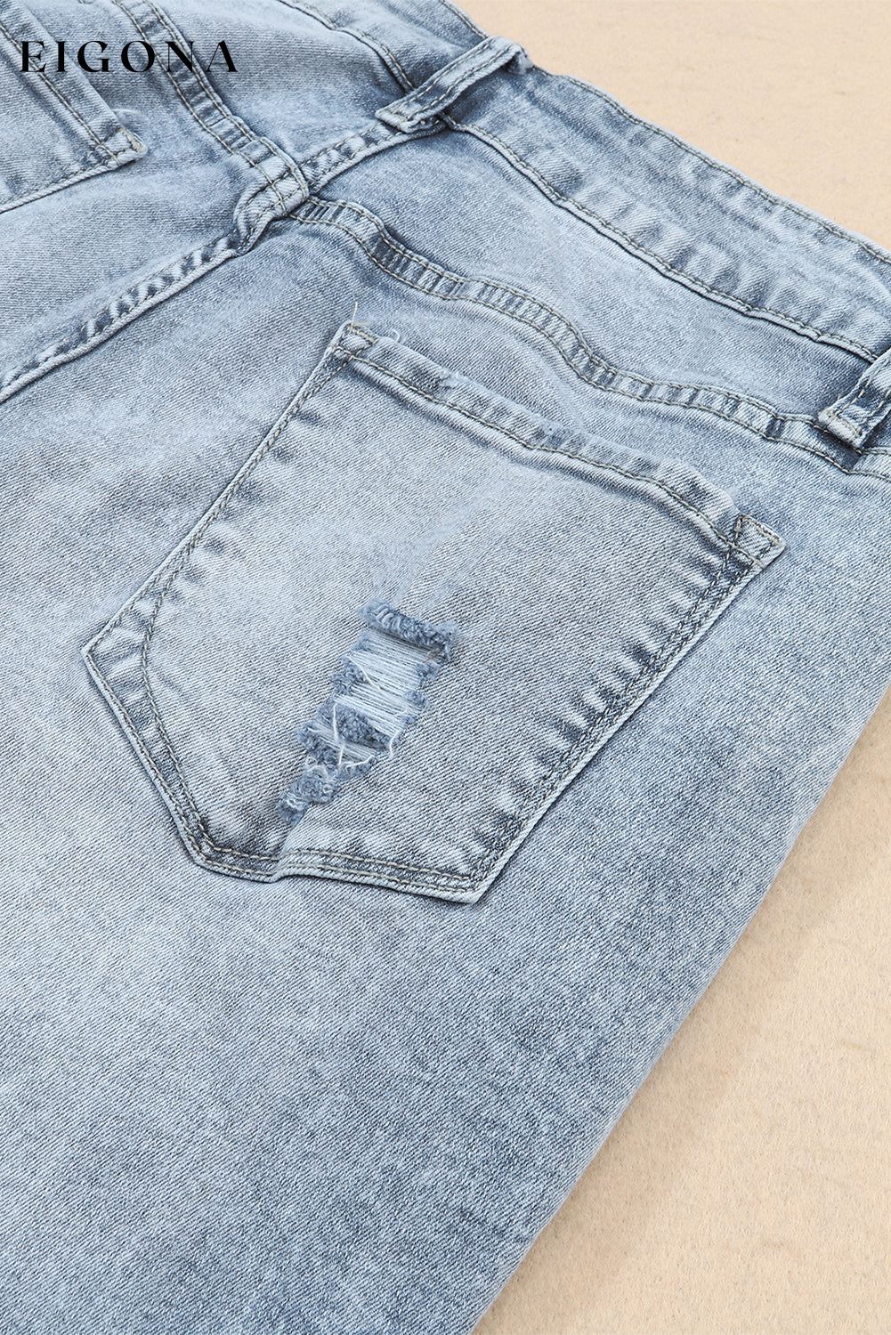 Sky Blue Light Wash Frayed Slim Fit High Waist Jeans All In Stock Best Sellers bottoms clothes Color Blue Craft Distressed Fabric Denim jeans pants ripped jeans Season Spring Style Western