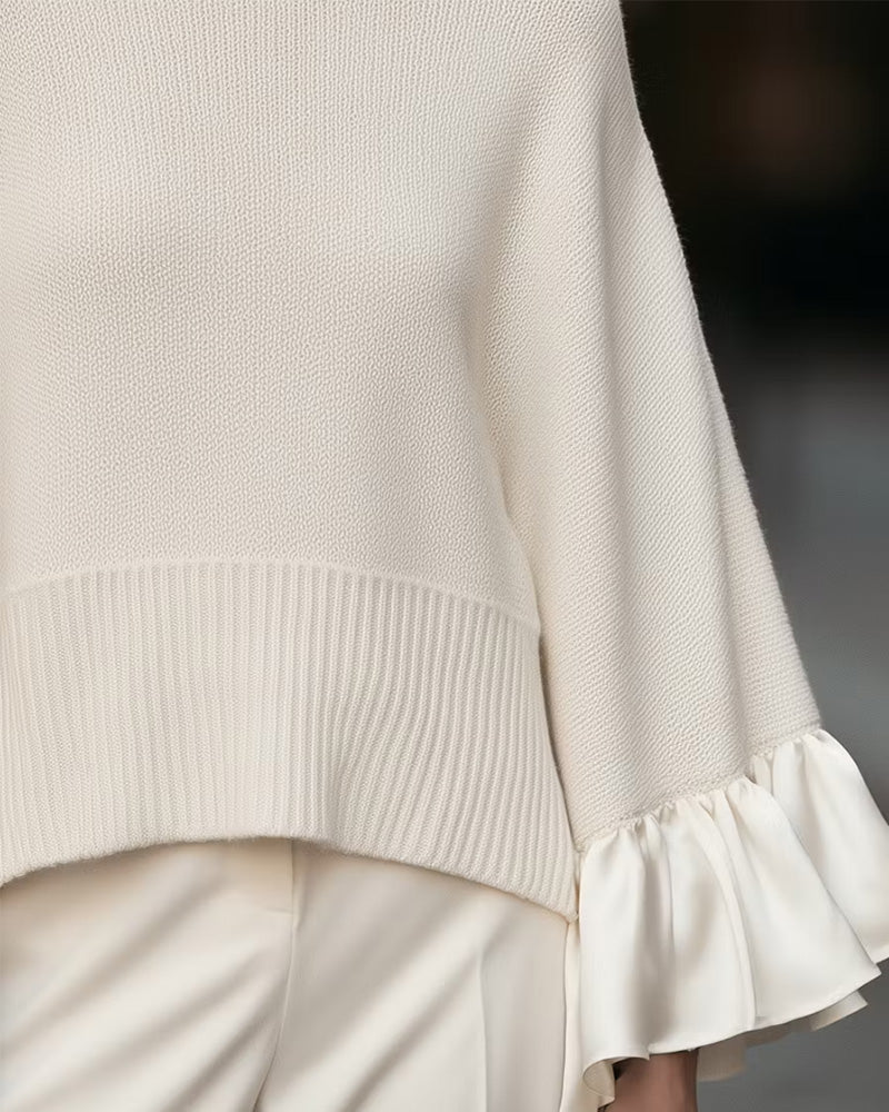 Turtleneck Patchwork Ruffled Sleeve Pullover