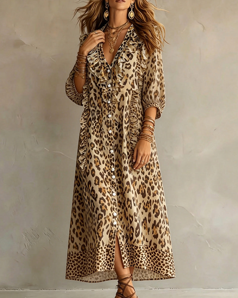 Leopard Print Ruffle Hem Maxi Dress
