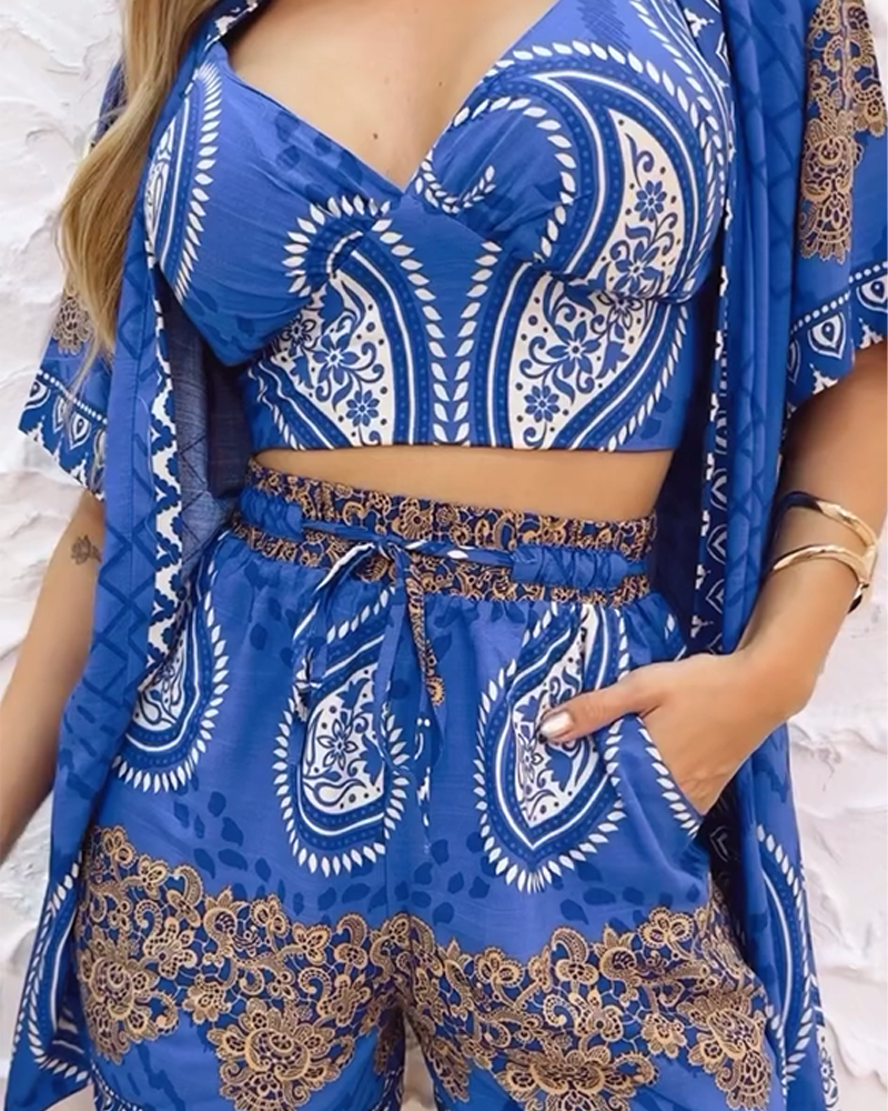 Elegante costume da bagno a tre pezzi con stampa Paisley