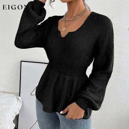 Notched Dropped Shoulder Knit Long Sleeve Top Black clothes long sleeve shirts long sleeve top long sleeve tops Ship From Overseas shirt shirts short sleeve shirt top tops X.W
