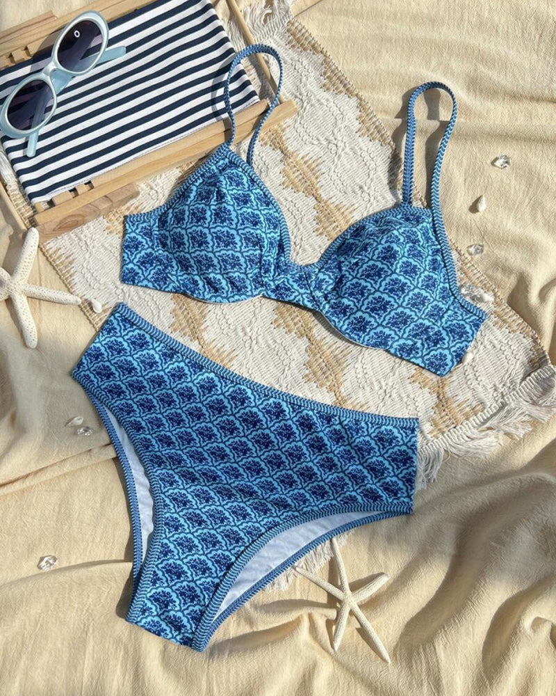 Sexy Suspender Triangle Print Bikini