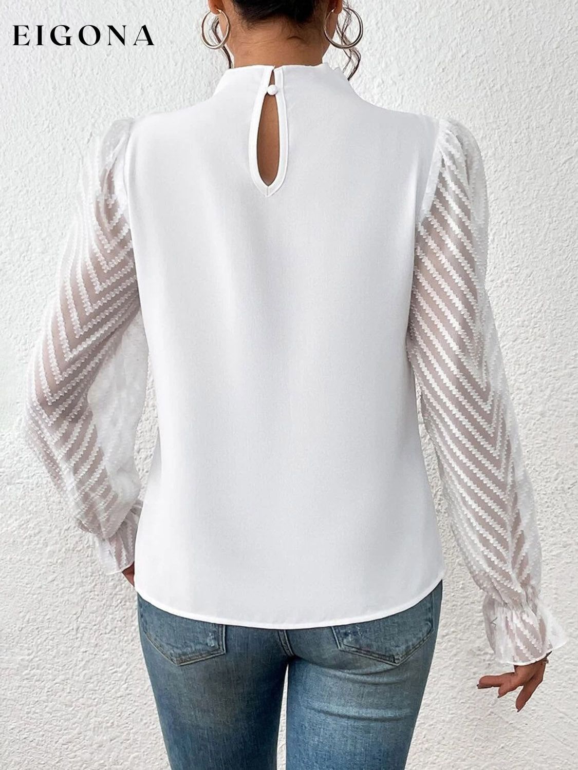 Mock Neck Flounce Fashionable Sheer Sleeve Blouse A@X@E blouse clothes long sleeve shirt long sleeve shirts long sleeve top long sleeve tops mock neck Ship From Overseas Shipping Delay 09/29/2023 - 10/04/2023 shirt shirts top tops trend