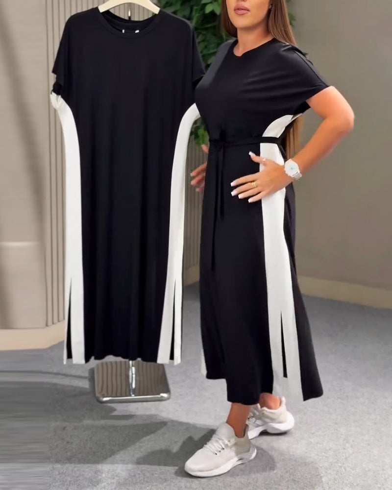 Round Neck Patchwork Short Sleeve Dress