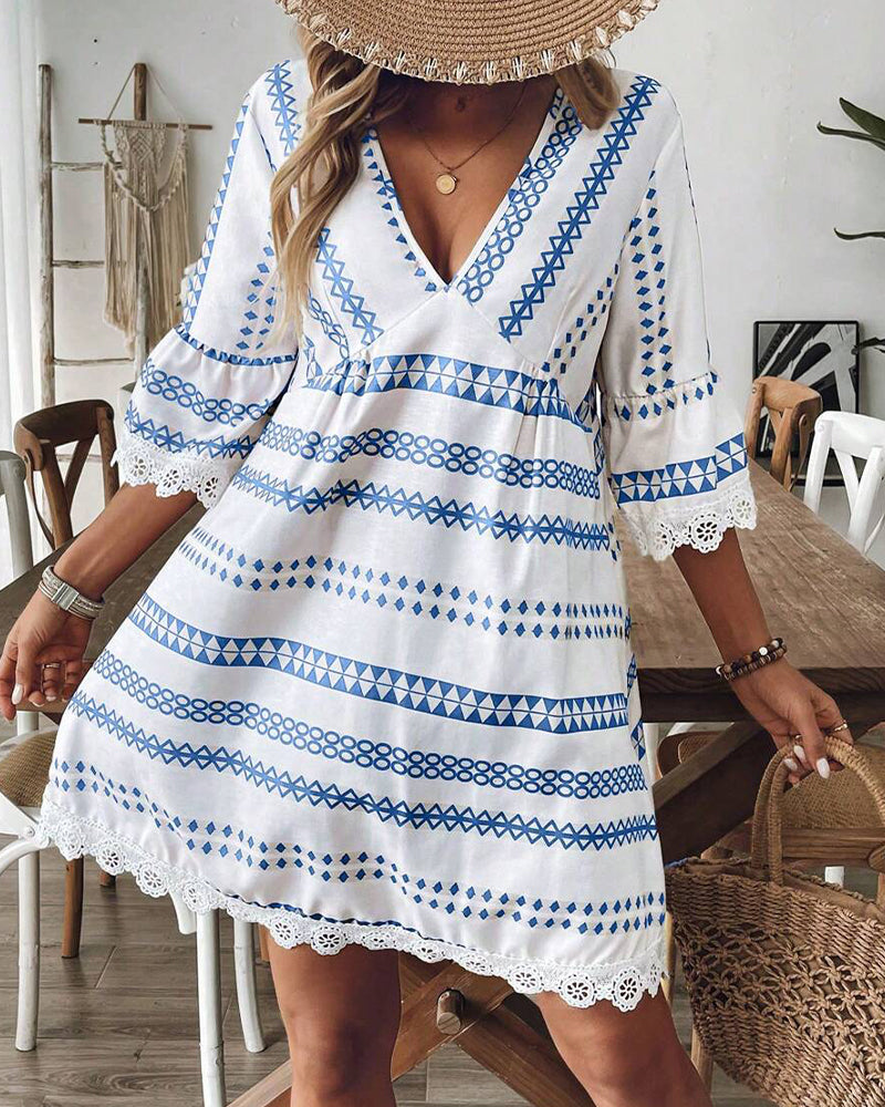 Geometric Print Ethnic V-Neck Lace Trim Dress