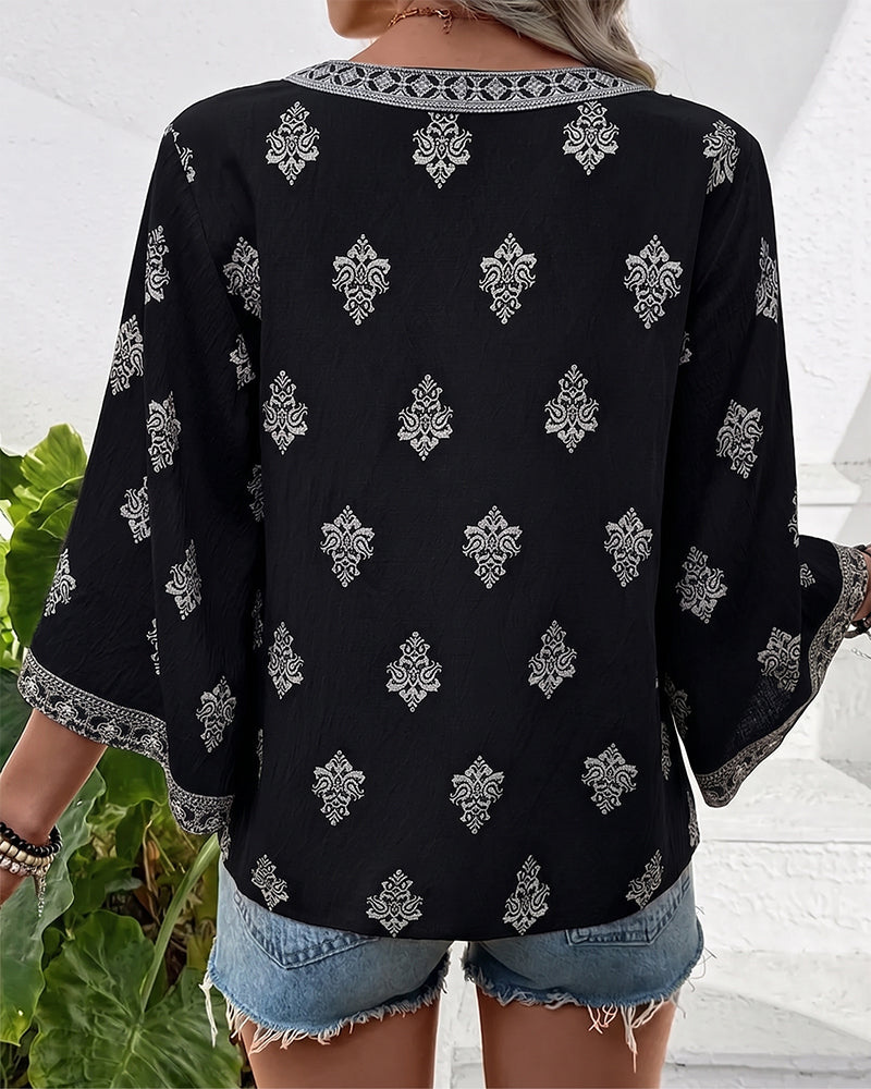 V-Neck Ethnic Loose Blouse