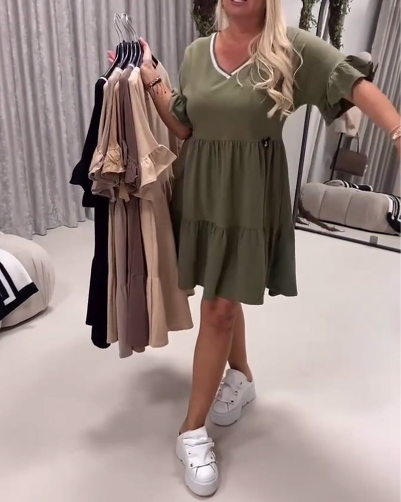 V-Neck Ruffle Sleeve A-Line Dress