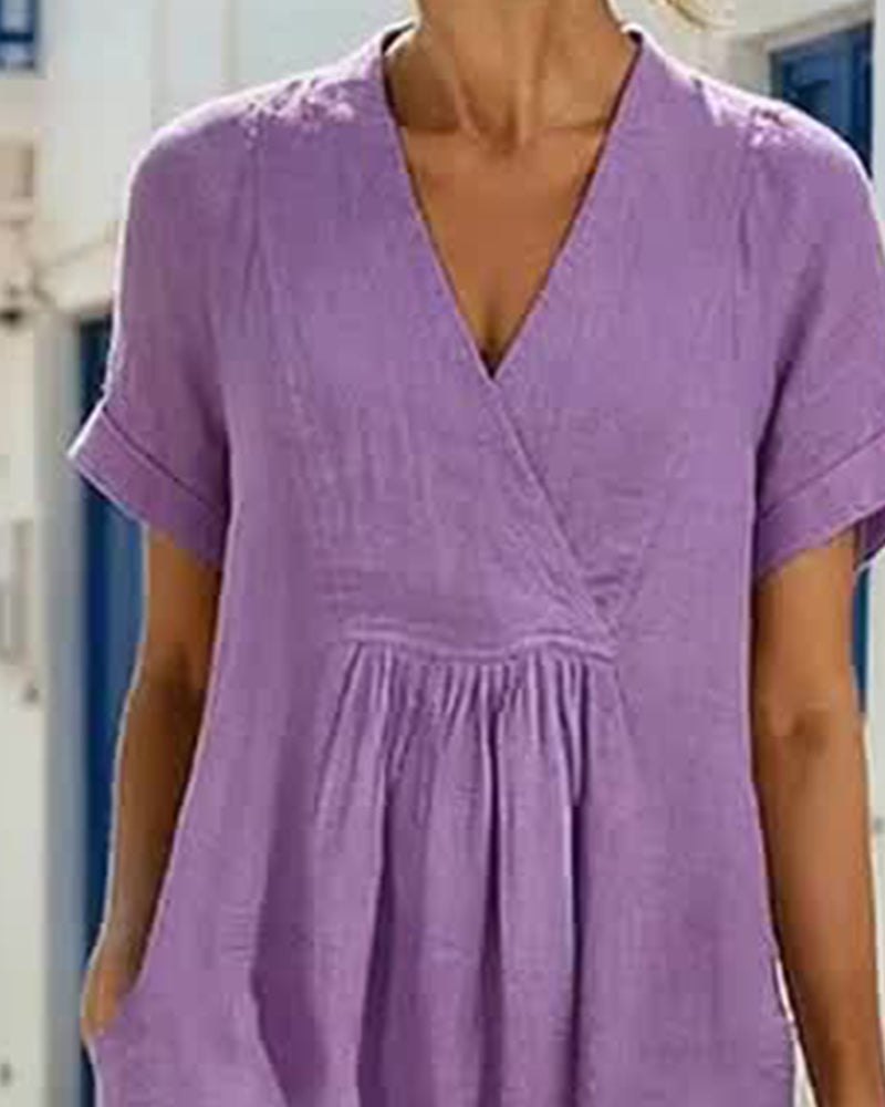 Pure Cotton Short-Sleeved V-Neck Pleated Dress