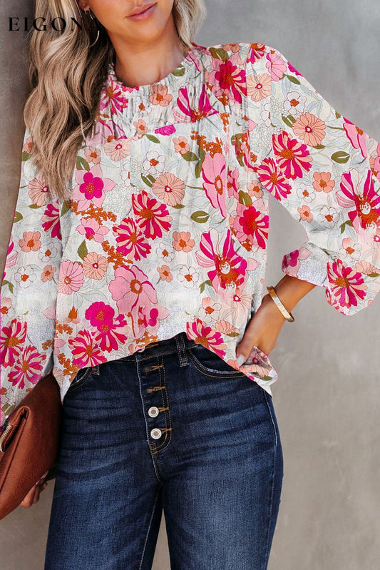 White Floral Frilled Neckline Puff Sleeve Blouse White 100%Polyester clothes long sleeve shirt long sleeve shirts long sleeve top long sleeve tops shirts top tops Tops/Blouses