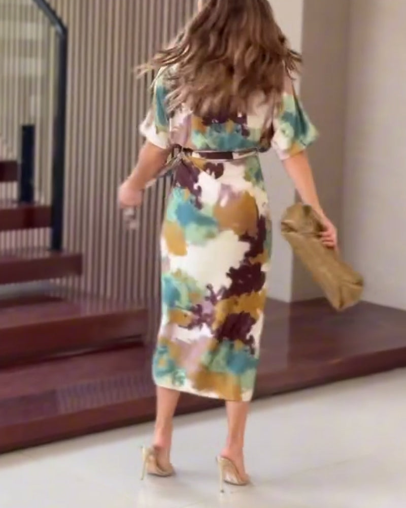 Printed V-neck elegant dress with ties 202466 casual dresses summer