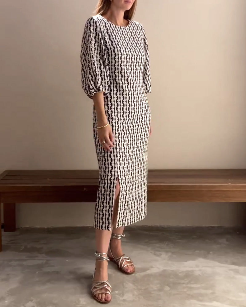 Geometric Print Puff Sleeve Dress